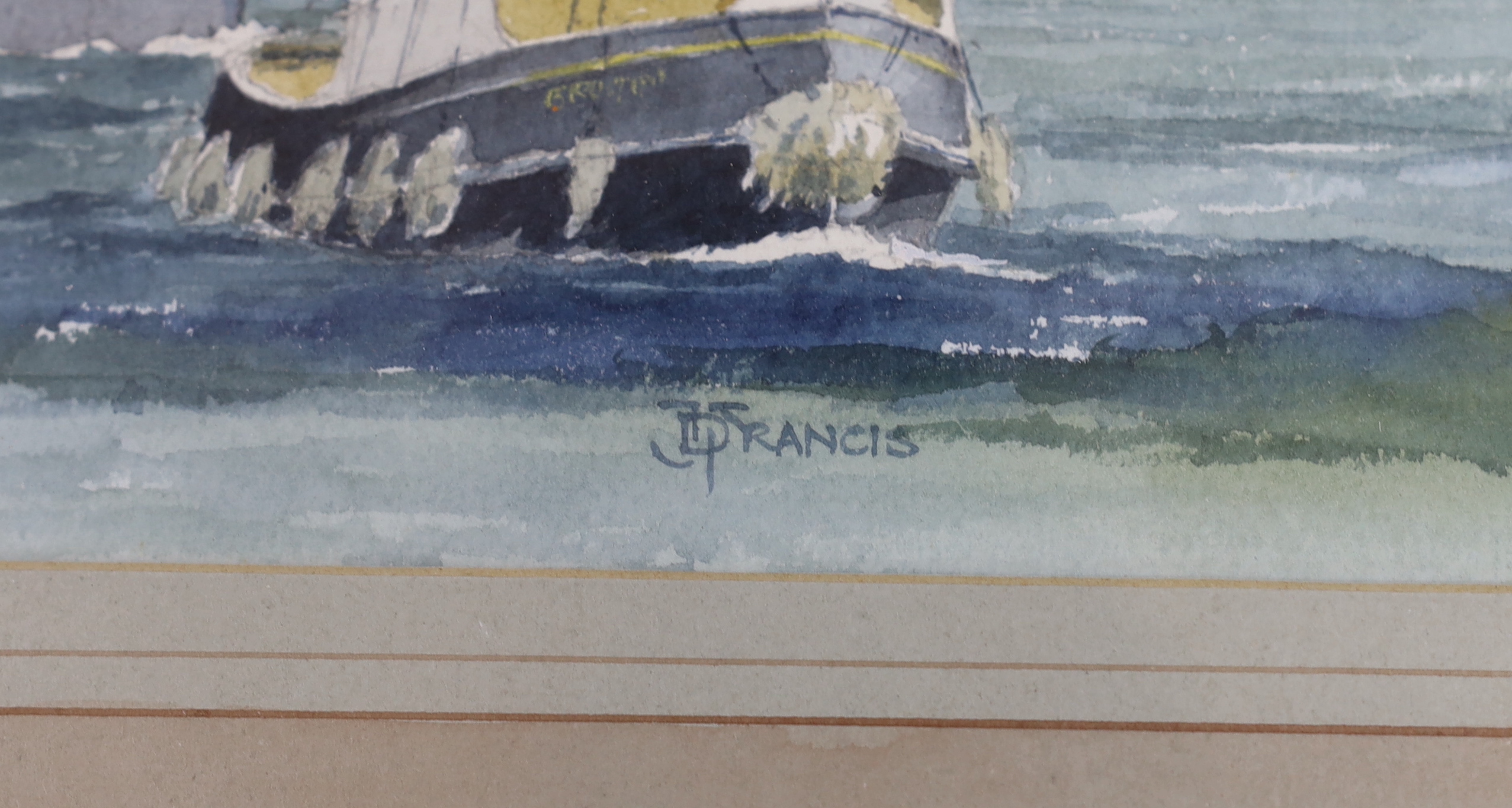 J D Francis, watercolour, 'The BP tanker British Restraint clearing King's Dock, Swansea', signed and inscribed verso, 42 x 28cm